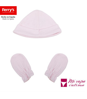 CONJUNTO DE GORRO Y MANOPLAS  DE ALGODÓN  DE RECIEN NACIDO  DE PETIT FERRY´S REF:2100