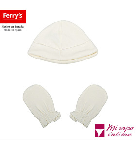 CONJUNTO DE GORRO Y MANOPLAS  DE ALGODÓN  DE RECIEN NACIDO  DE PETIT FERRY´S REF:2100