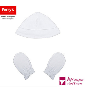 CONJUNTO DE GORRO Y MANOPLAS  DE ALGODÓN  DE RECIEN NACIDO  DE PETIT FERRY´S REF:2100