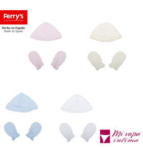 CONJUNTO DE GORRO Y MANOPLAS  DE ALGODÓN  DE RECIEN NACIDO  DE PETIT FERRY´S REF:2100